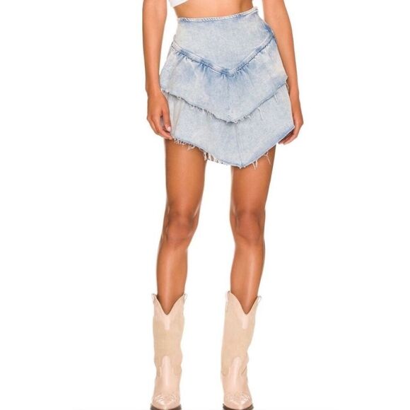 Mother Womens Layered Ruffle Mini Raw Edge Skirt Blue Denim Light Wash Size 27 - Picture 1 of 13